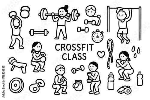 Crossfit Doodle Icons. Hand-drawn doodle illustration group crossfit class people icons, kettlebell, barbell, dumbbell, stopwatch, rope, pull-up bar, push-up