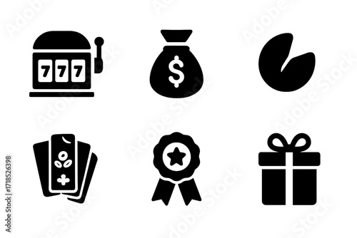 Fortune Icons Grid. Solid, filled icon set of fortune concepts: jackpot, windfall, jackpot coins, fortune cookie, lottery ticket, prize ribbon, money bag, gift