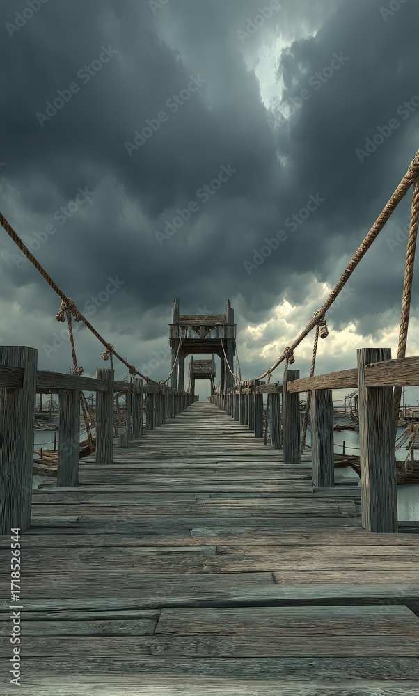 Fototapeta premium A weathered wooden bridge stretches into a dramatic sky, filled with dark clouds.