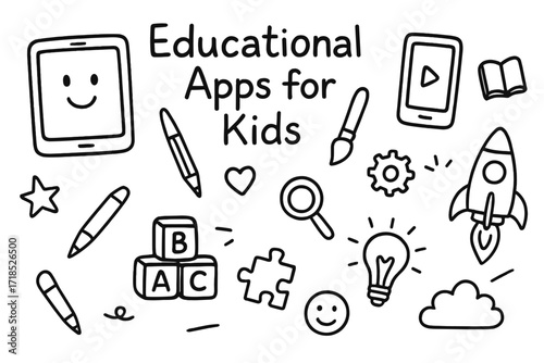 Educational Doodle Icons. Hand-drawn doodle illustration Educational apps for kids [tablet, smartphone, book, pencil, magnifying glass, star, heart, ABC