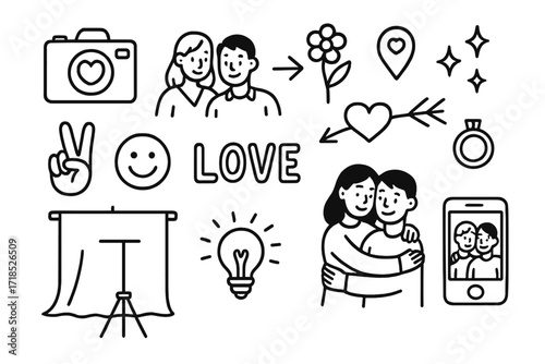 Doodle Love Journey. Hand-drawn doodle illustration love story photo shoot love camera, couple pose, heart arrow, flower, location icon, sparkles, peace sign,