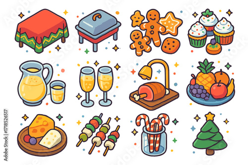 Holiday Buffet Icons. Colorful isometric vector icons set of holiday buffet decor: festive tablecloth, food warming tray, gingerbread cookies,