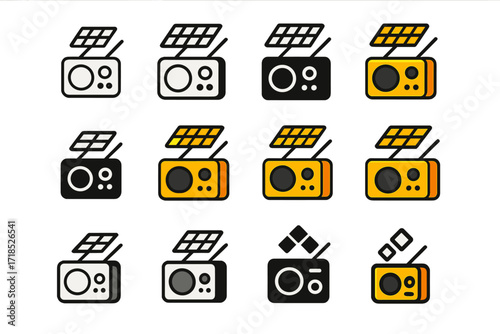 Solar Radio Logo Set. Set Logo of Portable Radio: Solar-powered radio. Logo set in vector style, emblematic variations. line, bold thick line, solid black