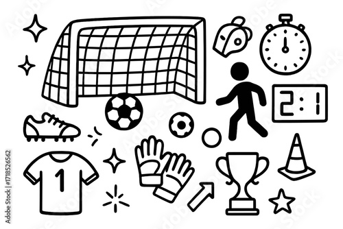 Soccer Doodle Icons. Hand-drawn doodle illustration Soccer Net [soccer net, soccer ball, player silhouette, whistle, cleats, jersey, gloves, scoreboard,
