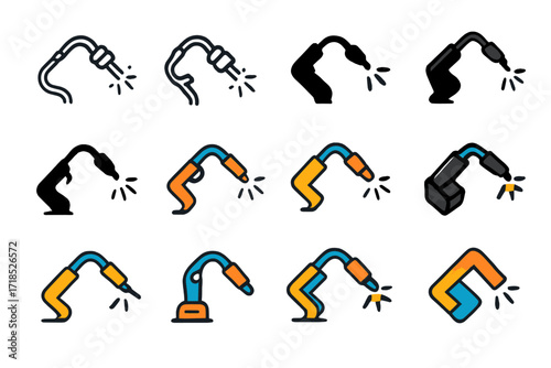 Welding Torch Logo Grid. Set Logo of Commercial Construction: Welding Torch. Logo set in vector style, emblematic variations. line, bold thick line, solid