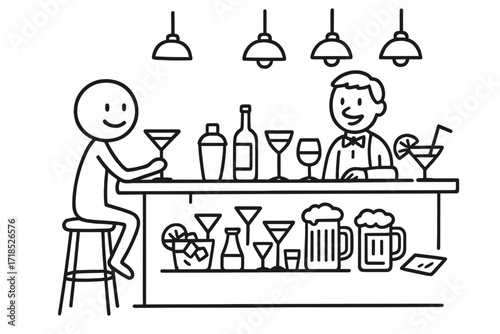 Bar Scene Doodle. Sitting by the bar with drink in hand. Hand-drawn doodle illustration bar counter, bar stool, cocktail glass, beer mug, wine glass, whiskey
