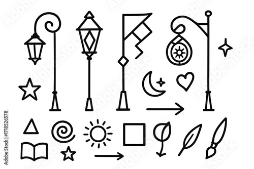 Artistic Lamp Post Designs. Hand-drawn doodle illustration Artistic lamp post designs [lamp post with swirl, geometric lamp, abstract shapes, star, spiral,
