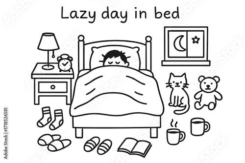 Cozy Bedtime Doodles. Hand-drawn doodle illustration Lazy day in bed, person under blanket, pillow, bed, nightstand, lamp, alarm clock, slippers, socks, book,