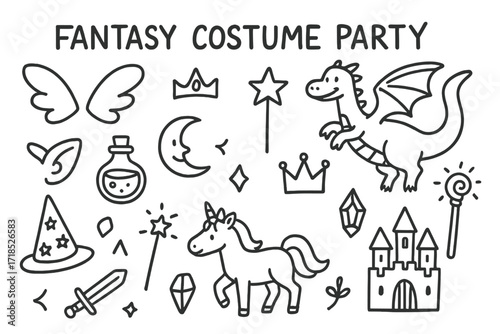 Fantasy Costume Icons. Hand-drawn doodle illustration Fantasy costume party [fairy wings, tiara, dragon, wand, wizard hat, potion bottle, star, crescent moon,