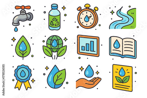 Isometric Water Conservation Icons. Colorful isometric vector icons set of water conservation and clarity awareness: dripping faucet, reused bottle, shower