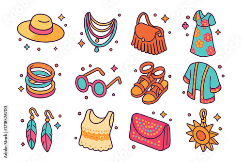 Boho Chic Icons. Colorful isometric vector icons set of Boho chic style: wide-brim hat, layered necklaces, fringe bag, floral maxi dress, bangles, round