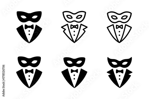 Costumed Logos Array. costumed guests. Set Logo of costumed guests: tuxedo with mask. harmonious logo variations of the same emblematic concept, each with