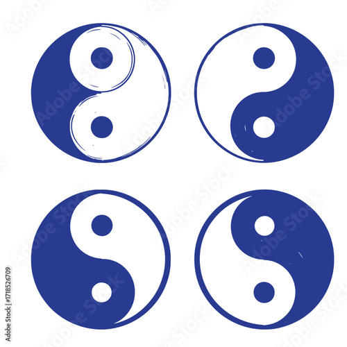 Four blue and white yin yang symbols representing balance harmony and eastern philosophy