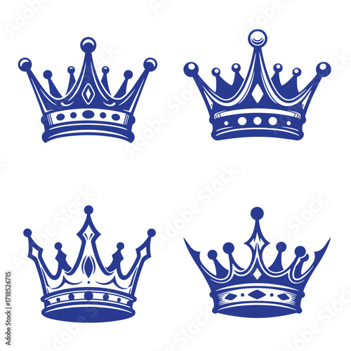 Four elegant blue crown illustrations isolated on a white background royalty concept