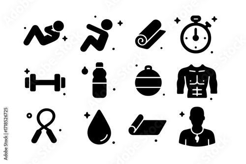 Fitness Icons Collection. Ab crunches. Solid icons set of ab crunches: person doing crunch, sit-up pose, fitness mat, stopwatch, dumbbell, water bottle, gym