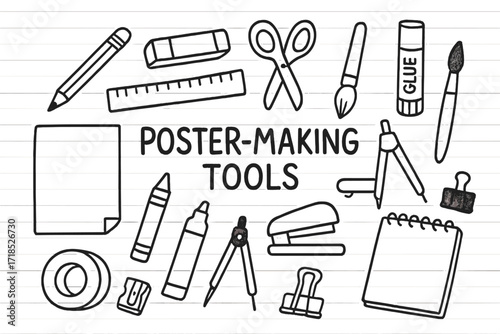 Poster Creation Tools. Hand-drawn doodle illustration Poster-making tools [pencil, eraser, ruler, scissors, glue stick, paintbrush, marker, crayon, paper
