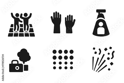 DJ Scene Icons. Solid, filled icon set of DJ crowd interaction: dance floor, raised hands, cheering, spotlight, smoke machine, LED lights, laser