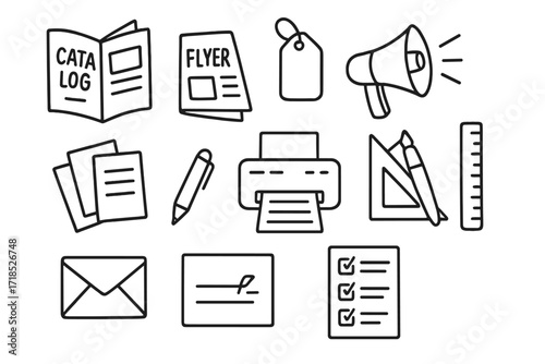 Marketing Doodle Icons. Marketing Materials. Hand-drawn doodle illustration catalog, flyer, brochure, poster, price tag, megaphone, paper sheets, printer,