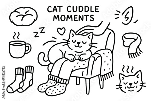 Cat Cuddle Moments. Hand-drawn doodle illustration [Cat cuddle moments] [cat on lap, stroking hand, soft cushion, tea mug, relaxed cat face, eyes closed, ear