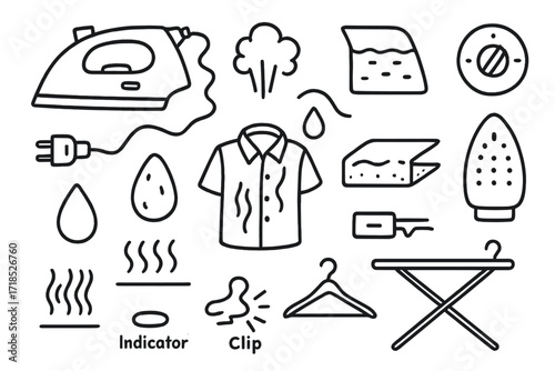 Steam Iron Doodle Icons. Hand-drawn doodle illustration Steam Iron steam icon, water tank, dial, cord, iron soleplate, plug, mist droplet, wrinkled shirt,
