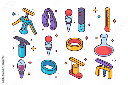 Colorful Wine Tools Icons. Colorful isometric vector icons set of wine accessories and tools: double-hinged corkscrew, foil cutter, electric wine opener, wine