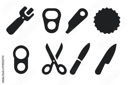 Can Opener Icons. Solid, filled icon set of can opening tools: can opener, pull tab, key opener, twist cap, pop top, safety ring, scissors, knife. Solid,