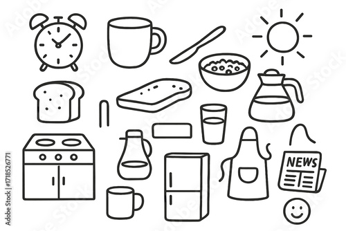 Morning Kitchen Doodles. Hand-drawn doodle illustration morning kitchen routine alarm clock, mug, bread, butter knife, granola bowl, coffee pot, table setup,