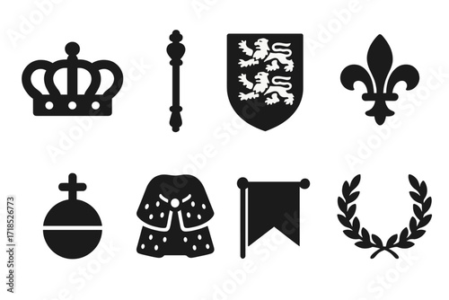 Royal Crest Icons. Solid, filled icon set of royal crests: crown, scepter, shield with lions, fleur-de-lis, orb, ermine cape, banner, laurel wreath. Solid,
