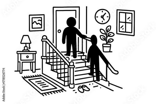Person atop Staircase. Hand-drawn doodle illustration Person at the Top of the Stairs [staircase, person silhouette, railing, steps, lamp, shadow, door,