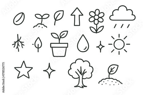 Plant Growth Doodles. Hand-drawn doodle illustration Plant Growth [seed, sprout, leaf, stem, flower, root, pot, droplet, sun, cloud, star, sparkle, tree,