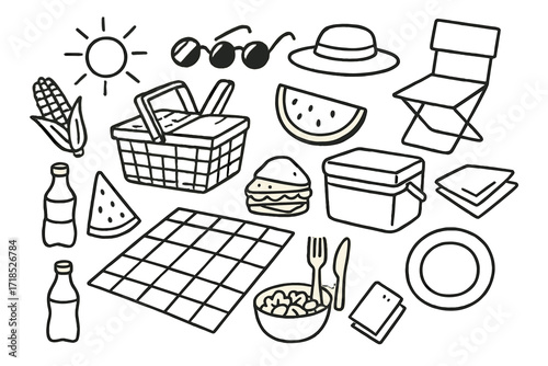 Picnic Essentials Doodle. Hand-drawn doodle illustration picnic and barbecue basket, picnic blanket, folding chair, cooler, watermelon slice, corn cob,