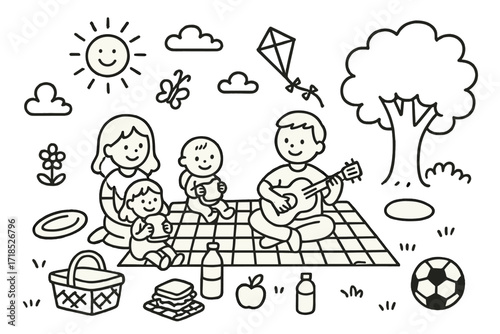Family Picnic Doodle. Hand-drawn doodle illustration A family having a picnic in the park on a sunny day [picnic basket, blanket, sun, tree, sandwich, apple,