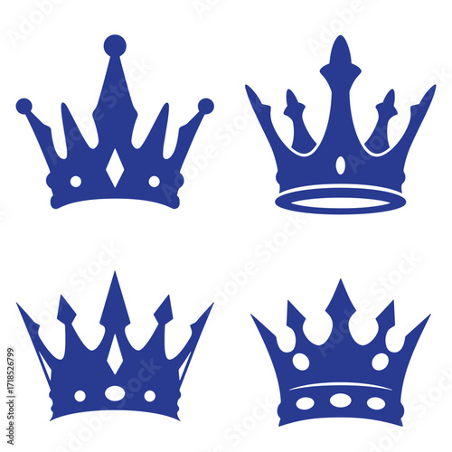 Four stylized blue crowns royal heraldic design elements isolated on white background
