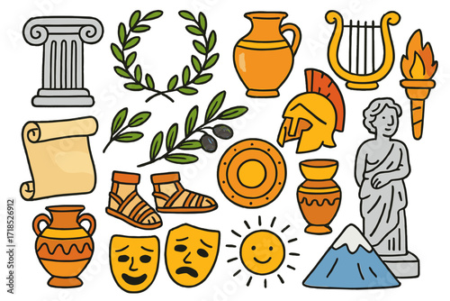 Ancient Greece Doodle. Colorful Hand-drawn doodle Children illustration ancient Greece column, laurel wreath, amphora, harp, scroll, olive branch, helmet,