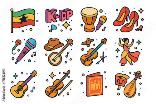Global Music Icons. Colorful isometric vector icons set of global music genres: reggae with flag, K-pop sign, Afrobeat drum, Latin salsa shoes, J-pop mic, EDM