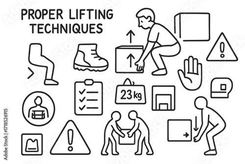 Proper Lifting Techniques. Hand-drawn doodle illustration [Proper lifting techniques] [person squatting, knees bent icon, straight back, lifting arrows, shoe
