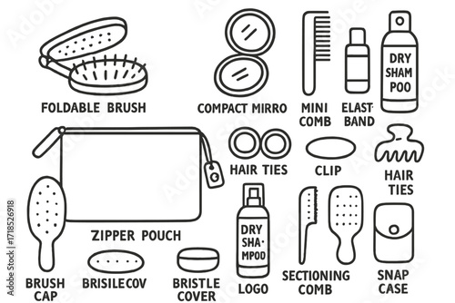 Travel Haircare Essentials. Hand-drawn doodle illustration [Travel hairbrush and comb kit] [foldable brush, compact mirror, mini comb, zipper pouch,