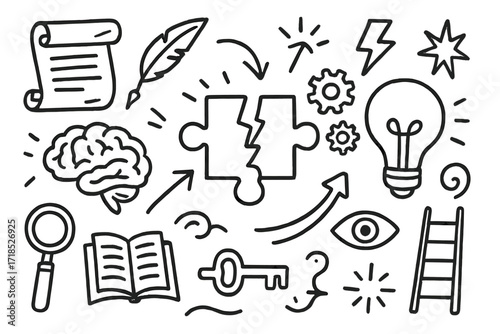 Mental Breakthrough Doodles. Hand-drawn doodle illustration Mental breakthrough cracked puzzle, light bulb, brain, arrow, gears, lightning bolt, star, scroll,