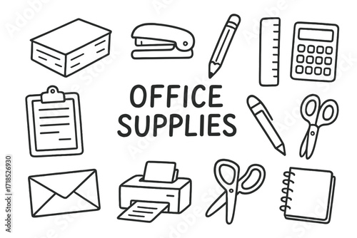 Office Supplies Doodle. Office Supplies. Hand-drawn doodle illustration catalog, paper stack, stapler, pen, pencil, ruler, calculator, clipboard, envelope,