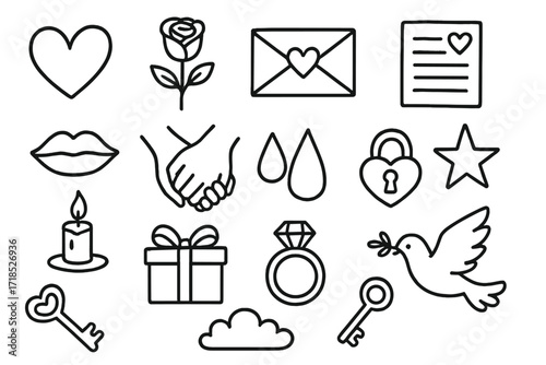 Romantic Doodle Icons. Hand-drawn doodle illustration Romantic confession heart, rose, envelope, letter, lips, hand holding hand, tear drop, star, candle, gift