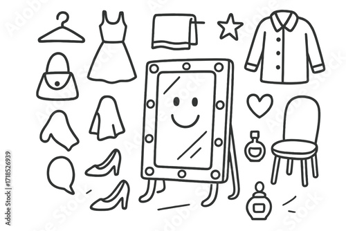 Dressing Room Doodle. Hand-drawn doodle illustration dressing room mirror smile mirror, hanger, dress, shoes, bag, smiling face, towel, star, perfume, chair,