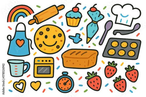 Kid's Baking Delight. Colorful Hand-drawn doodle Children illustration Kid-Friendly Baking smiley cookie, cupcake, icing bag, rainbow sprinkles, rolling pin,