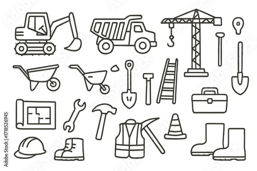 Construction Tools Doodles. Hand-drawn doodle illustration heavy equipment and tools backhoe, dump truck, crane, wheelbarrow, shovel, pickaxe, blueprint,