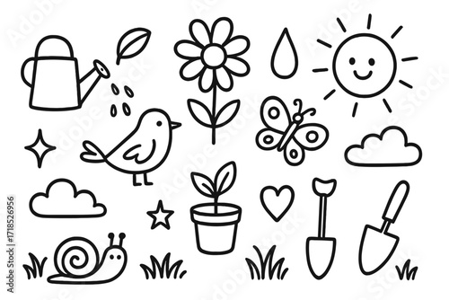 Garden Morning Doodles. Hand-drawn doodle illustration Author signing event autograph book, pen, stage, author icon, line of people, camera, bookmark, book