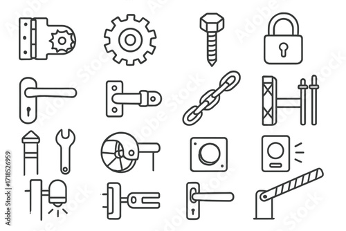 Factory Gate Doodle. Hand-drawn doodle illustration [Factory gate mechanisms] [hinge, gear, bolt, lock, padlock, handle, latch, chain, support beam, fence