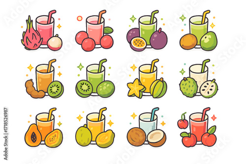 Tropical Juice Icons. Colorful isometric vector icons set of exotic and tropical juices: dragon fruit juice, lychee juice, passion fruit juice, guava juice,