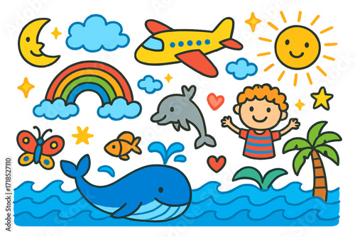 Sky and Sea Adventure. Colorful Hand-drawn doodle Children illustration Sky and Sea Adventure airplane, rainbow, waves, fish, dolphin, whale, butterfly, heart,