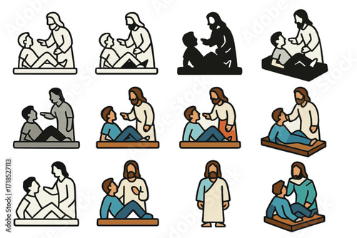 Miracles Logo Collection. Set Logo of Jesus' Miracles: Healing the paralyzed man. Logo set in vector style, emblematic variations. line, bold thick line, solid