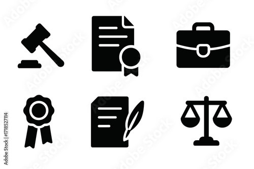 Legal Icons Grid. Solid, filled icon set of legal inheritance: court gavel, legal document, lawyer briefcase, handshake, seal, will paper, scales of justice,