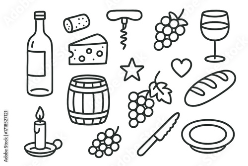 Wine Essentials Doodle. Hand-drawn doodle illustration Wine bottle cork essentials [wine bottle, cork, corkscrew, glass, grapes, cheese wedge, barrel, star,